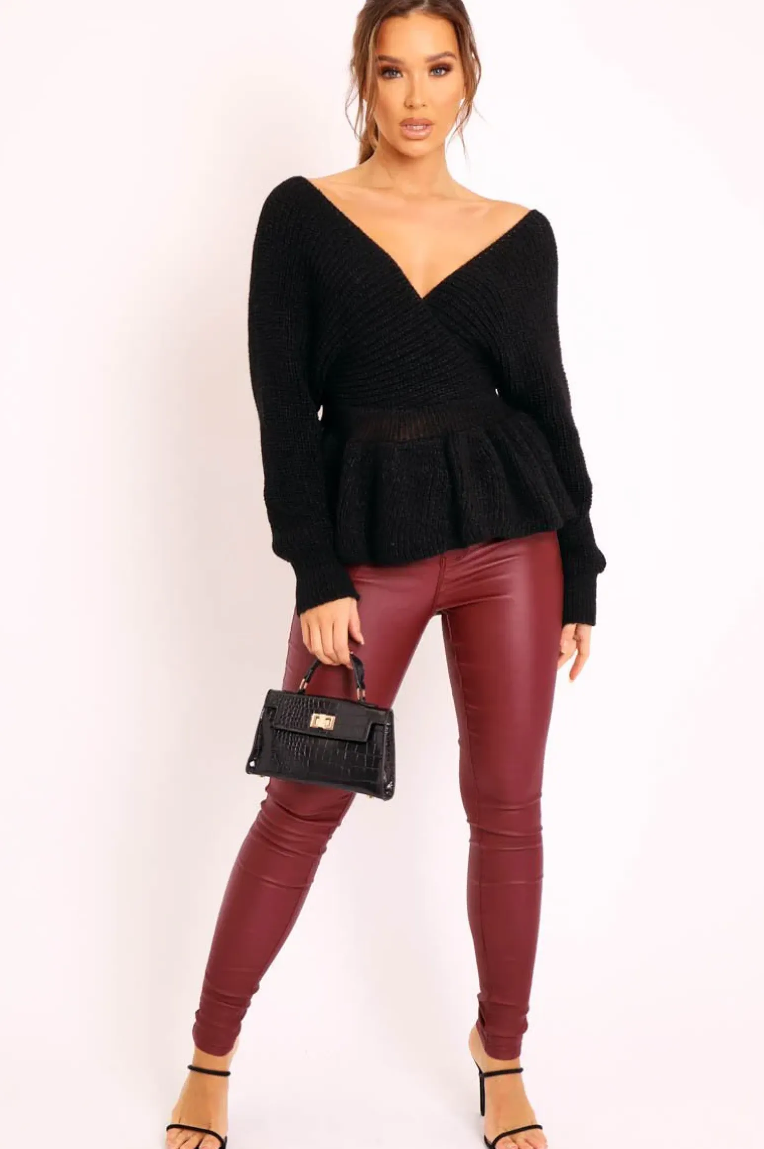 Rebellious Fashion Black Knitted Wrap Front Plunge Peplum Jumper - Samara