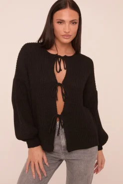 Rebellious Fashion Black Knit Tie Front Detail Long Sleeves Cardigan - Ava