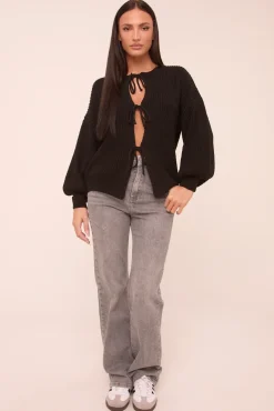 Rebellious Fashion Black Knit Tie Front Detail Long Sleeves Cardigan - Ava
