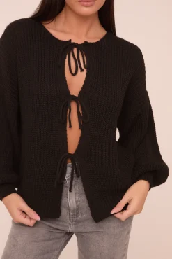 Rebellious Fashion Black Knit Tie Front Detail Long Sleeves Cardigan - Ava