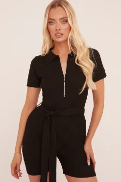 Rebellious Fashion Black Knit Zip Front Belt Detail Playsuit - Haydi
