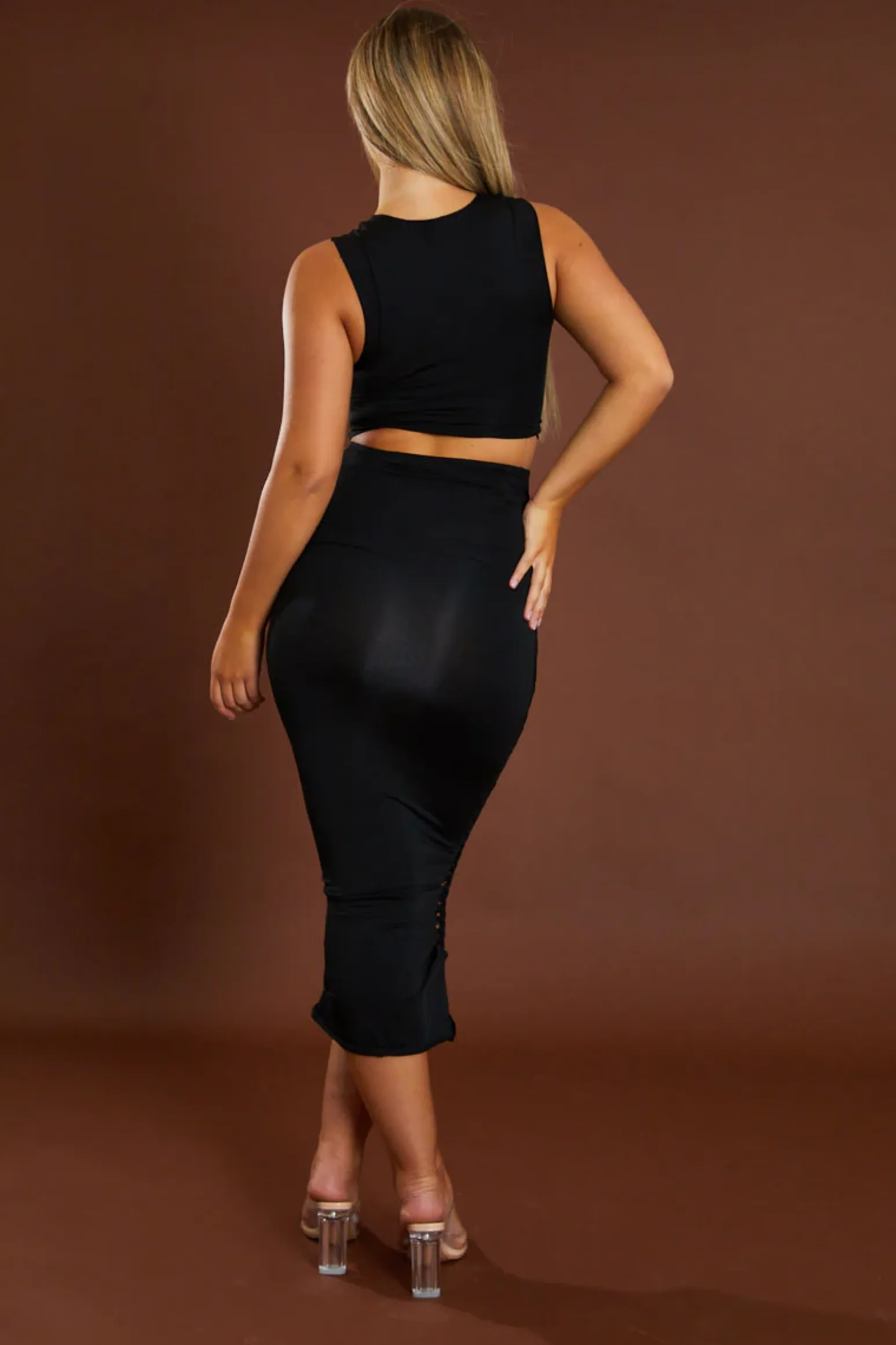 Rebellious Fashion Black Knot Cut Out Crop Top & Midi Skirt Set - Clara