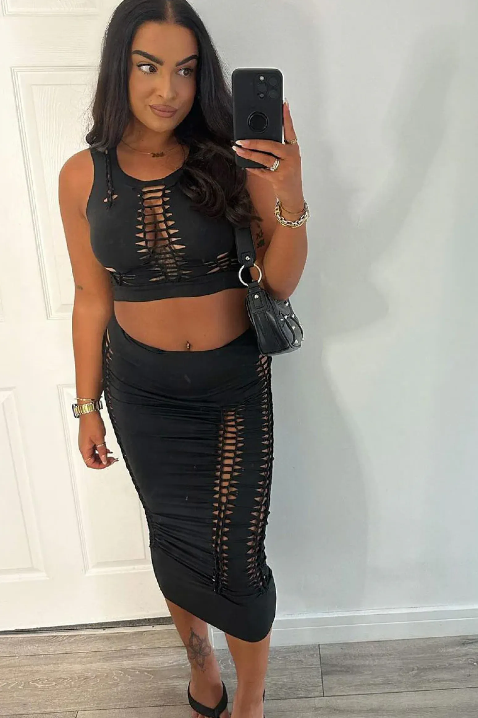 Rebellious Fashion Black Knot Cut Out Crop Top & Midi Skirt Set - Clara