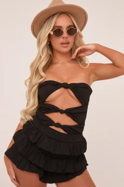 Rebellious Fashion Black Knot Detail Bodysuit & Tiered Mini Skort Co-ord Set - Abigail