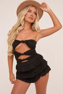 Rebellious Fashion Black Knot Detail Bodysuit & Tiered Mini Skort Co-ord Set - Abigail