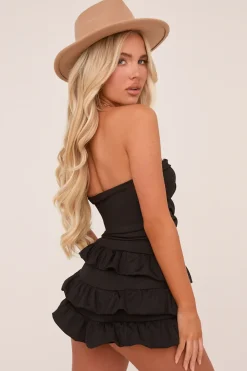 Rebellious Fashion Black Knot Detail Bodysuit & Tiered Mini Skort Co-ord Set - Abigail