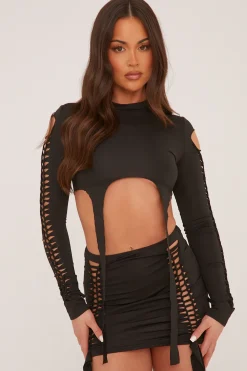 Rebellious Fashion Black Knot Detail Crop Top & Mini Skirt Set - Isabel