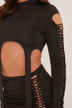 Rebellious Fashion Black Knot Detail Crop Top & Mini Skirt Set - Isabel