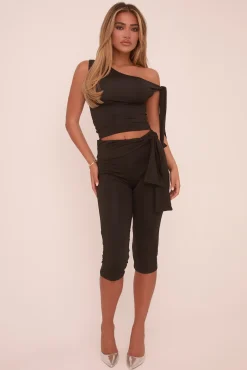 Rebellious Fashion Black Knot Detail Tie Side Top & Capri Pants Co-ord Set - Amity
