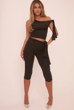 Rebellious Fashion Black Knot Detail Tie Side Top & Capri Pants Co-ord Set - Amity