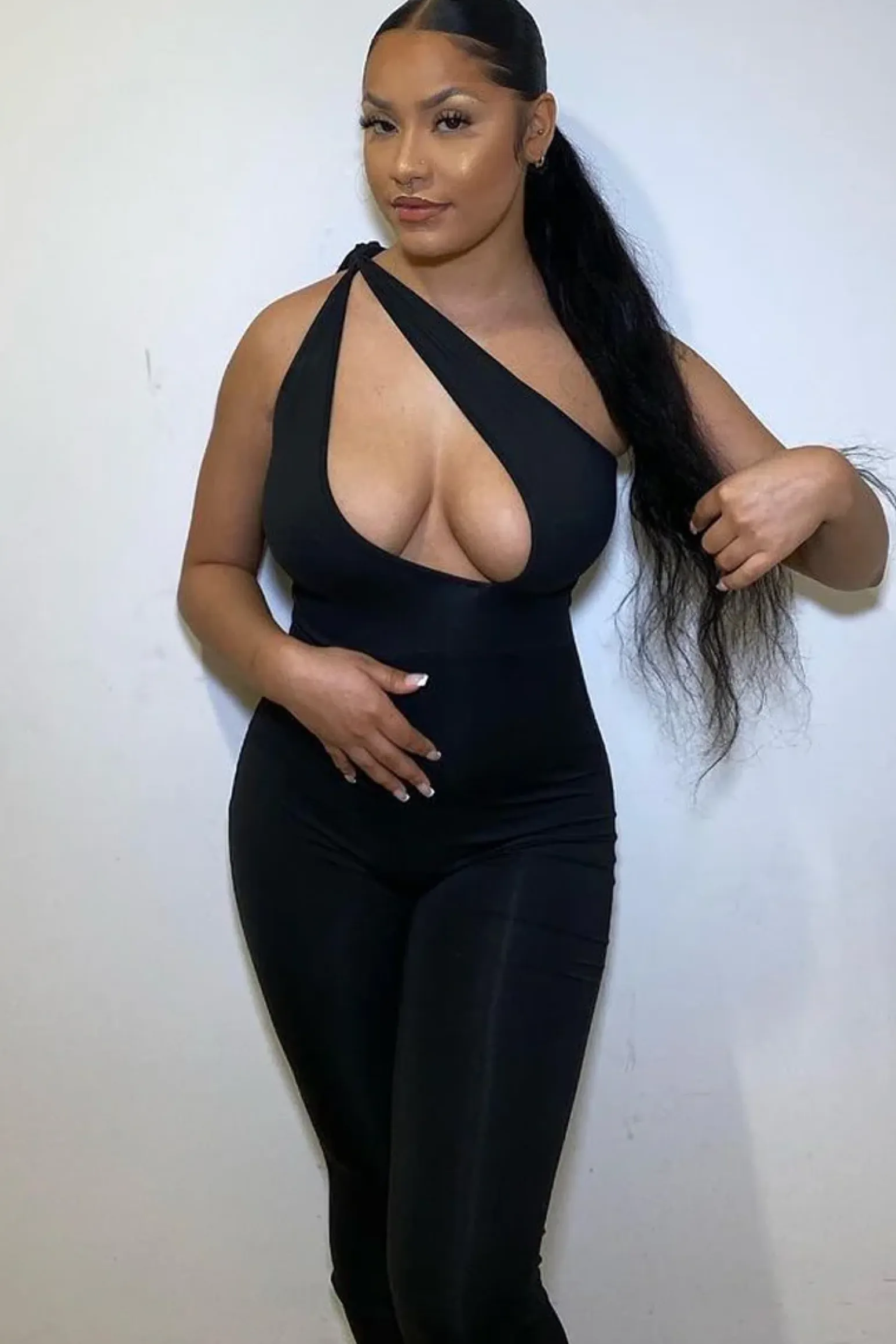 Rebellious Fashion Black Knot Strap Slinky Jumpsuit - Imani
