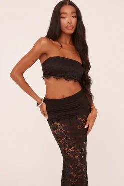 Rebellious Fashion Black Lace Bandeau Cropped Top & Maxi Skirt Co-ord Set - Nian