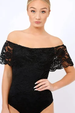 Rebellious Fashion Black Lace Bardot Bodysuit - Rae