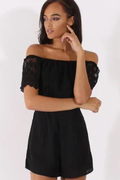 Rebellious Fashion Black Lace Bardot Playsuit - Clover