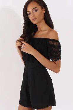 Rebellious Fashion Black Lace Bardot Playsuit - Clover