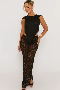 Rebellious Fashion Black Lace Bodysuit and Maxi Skirt Co-Ord Set - Marya