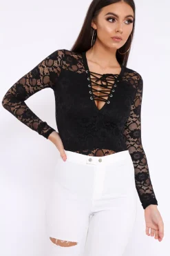 Rebellious Fashion Black Lace Bodysuit with Lace Up Front - Khiana