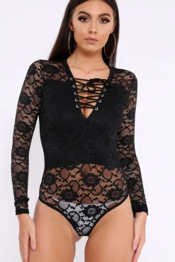 Rebellious Fashion Black Lace Bodysuit with Lace Up Front - Khiana