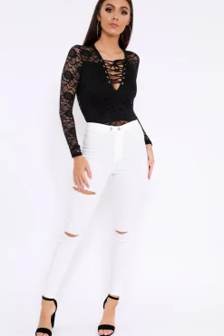 Rebellious Fashion Black Lace Bodysuit with Lace Up Front - Khiana