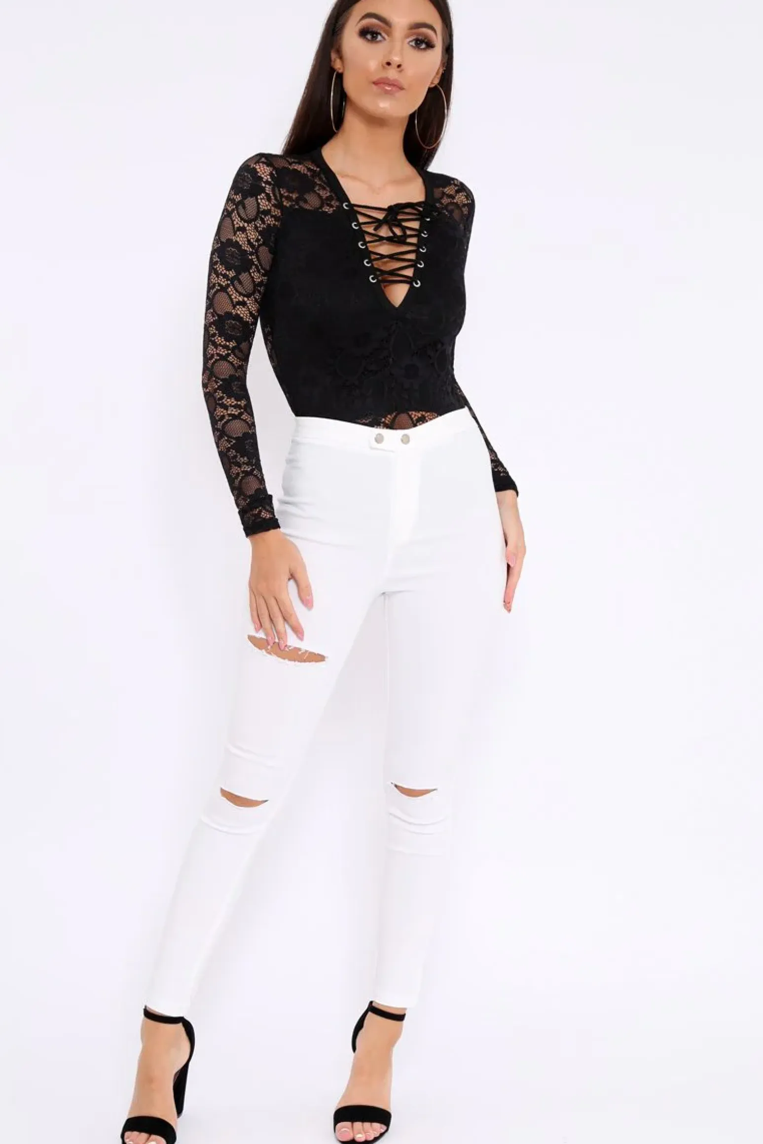 Rebellious Fashion Black Lace Bodysuit with Lace Up Front - Khiana