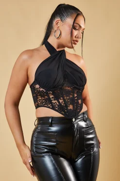 Rebellious Fashion Black Lace Corset Detail Cropped Top - Faith
