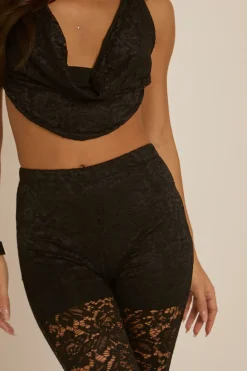 Rebellious Fashion Black Lace Cowl Top and Trouser Co-ord - Summer