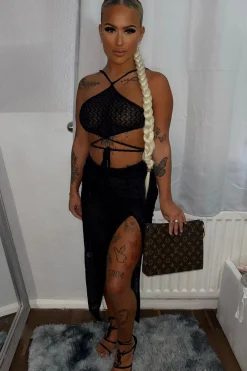 Rebellious Fashion Black Lace Crop Top & Midi Skirt Set - Josephine
