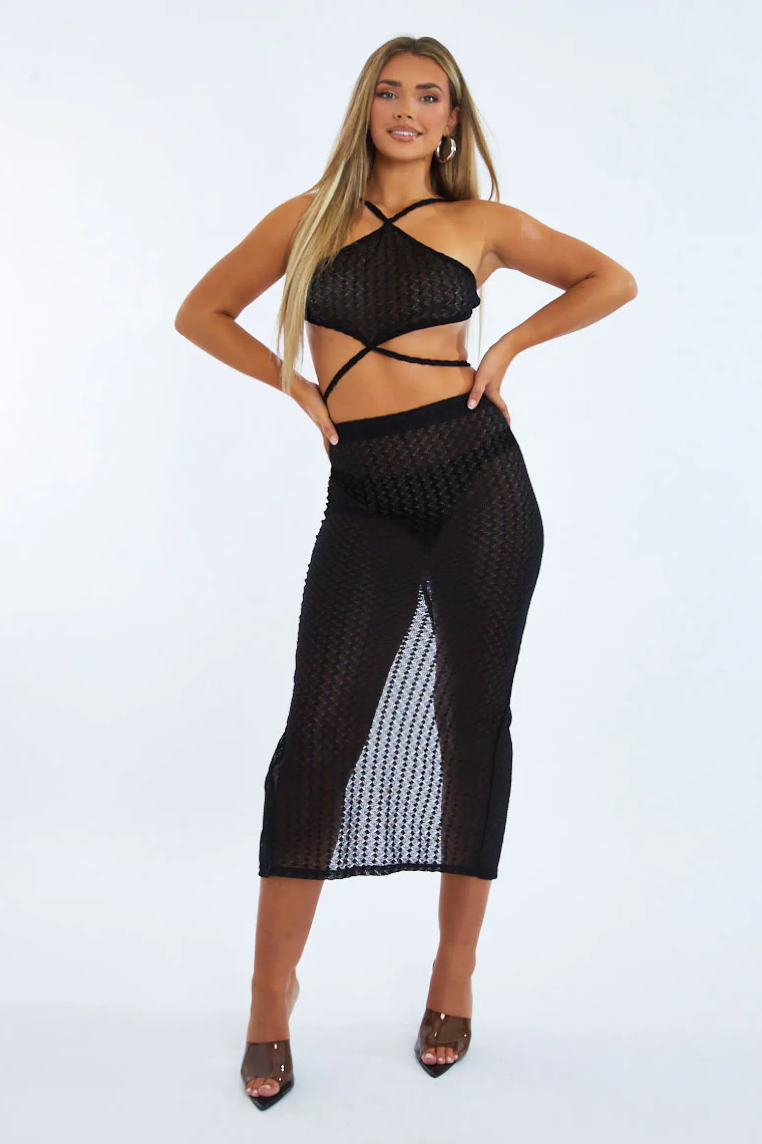 Rebellious Fashion Black Lace Crop Top & Midi Skirt Set - Josephine