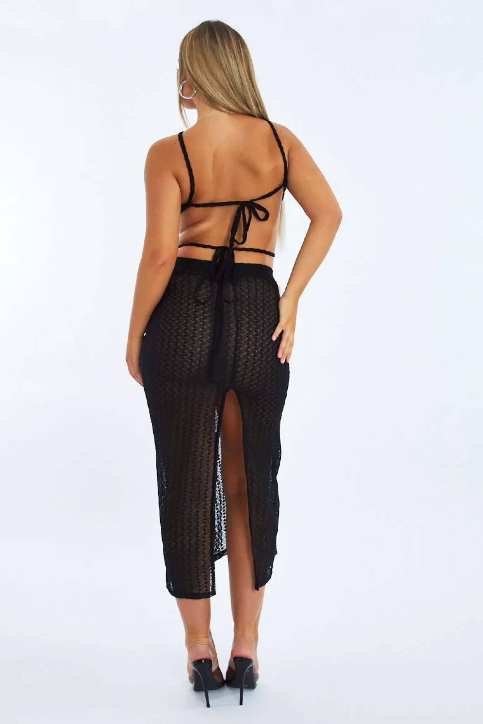 Rebellious Fashion Black Lace Crop Top & Midi Skirt Set - Josephine