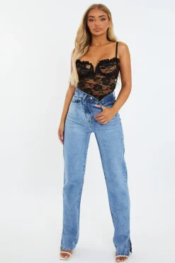Rebellious Fashion Black Lace Cupped Bodysuit - Cyan