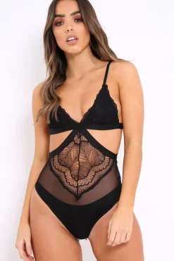 Rebellious Fashion Black Lace Cut Out Bodysuit - Brina