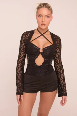 Rebellious Fashion Black Lace Cut Out Detail Playsuit - Sloane