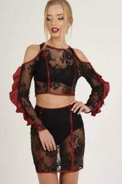 Rebellious Fashion Black Lace Cut Shoulder Ruffle Co-ord - Serena