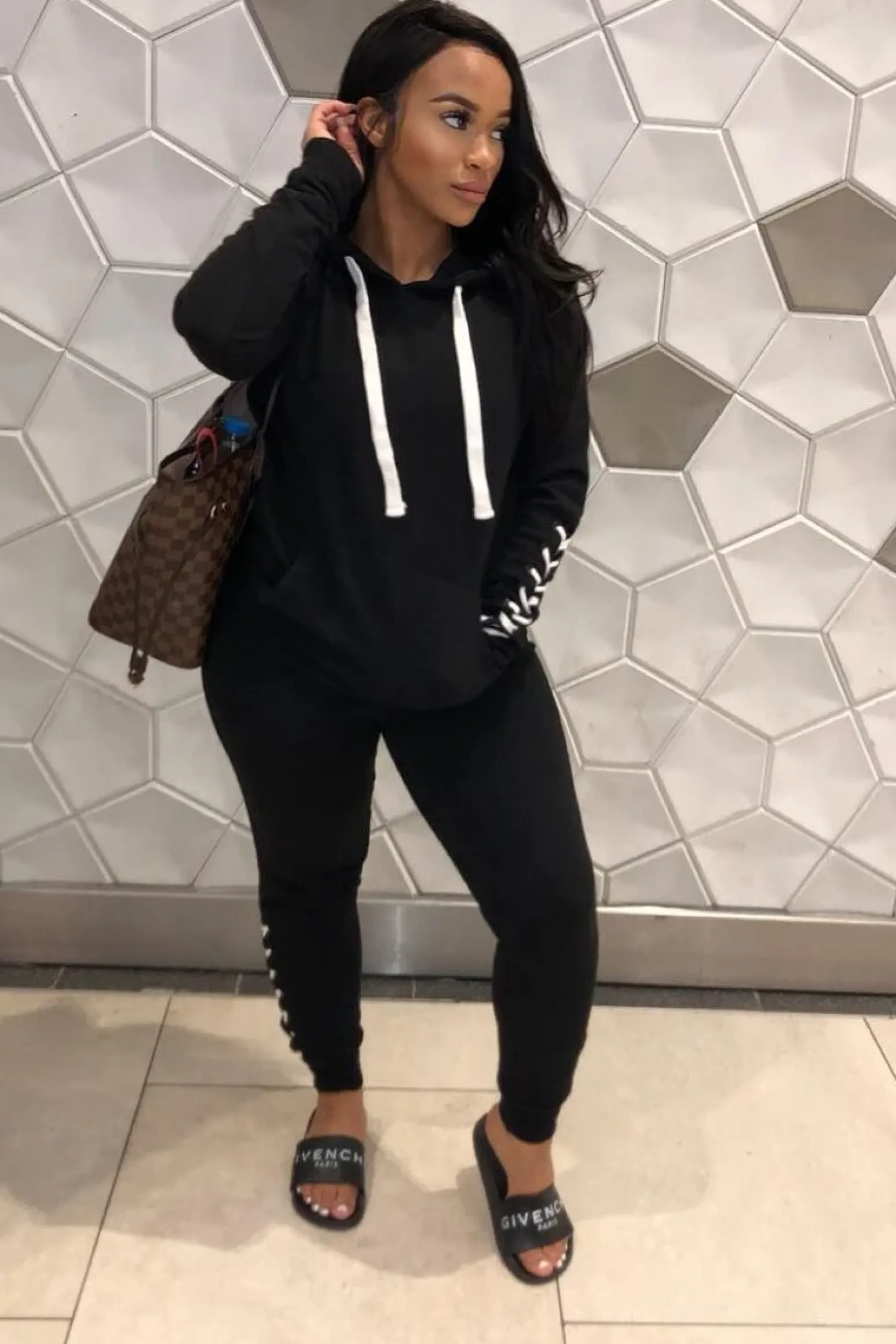 Rebellious Fashion Black Lace Detail Hooded Drawstring and Jogger Set - Jamiya