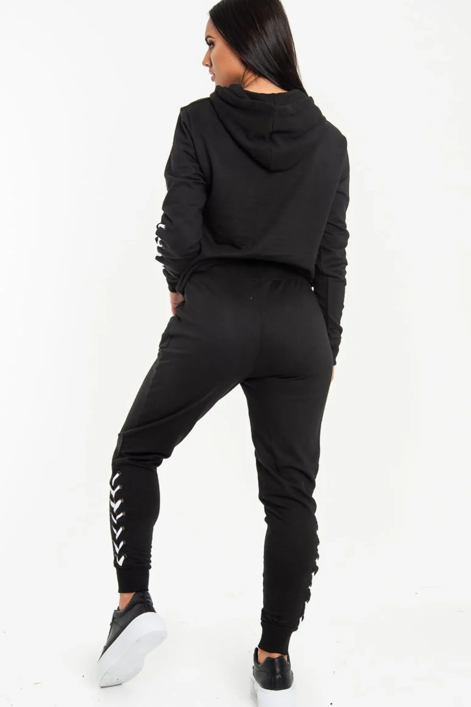 Rebellious Fashion Black Lace Detail Hooded Drawstring and Jogger Set - Jamiya