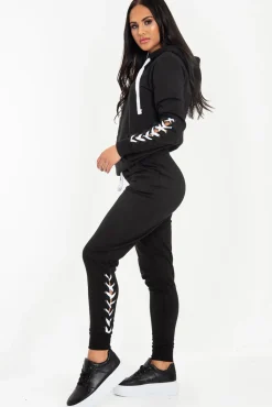 Rebellious Fashion Black Lace Detail Hooded Drawstring and Jogger Set - Jamiya