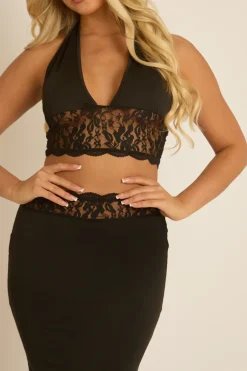 Rebellious Fashion Black Lace Detail Top and Maxi Skirt Co-ord Set - Karlie