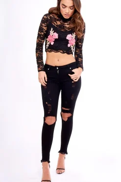 Rebellious Fashion Black Lace Embroidered High Neck Crop Top - Larissa