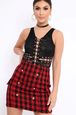 Rebellious Fashion Black Lace Eyelet Cross Bodysuit - Natallia