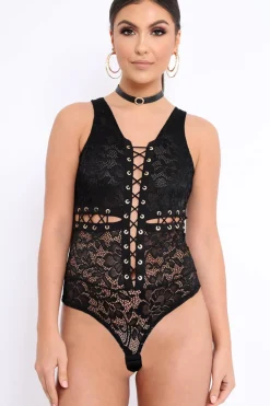 Rebellious Fashion Black Lace Eyelet Cross Bodysuit - Natallia