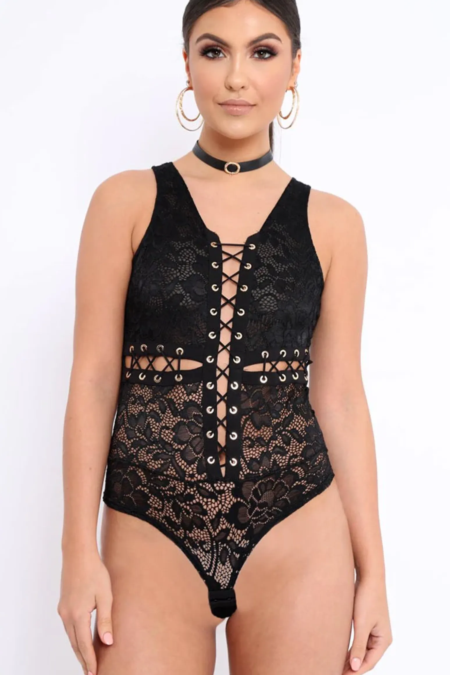 Rebellious Fashion Black Lace Eyelet Cross Bodysuit - Natallia
