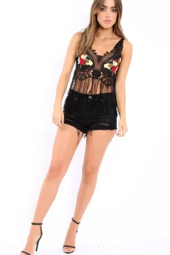 Rebellious Fashion Black Lace Flower Embroidered Tassel Hem Crop Top - Pandora