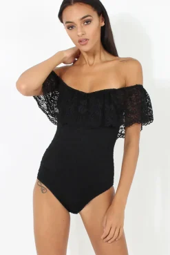 Rebellious Fashion Black Lace Frill Bardot Bodysuit - Tonika