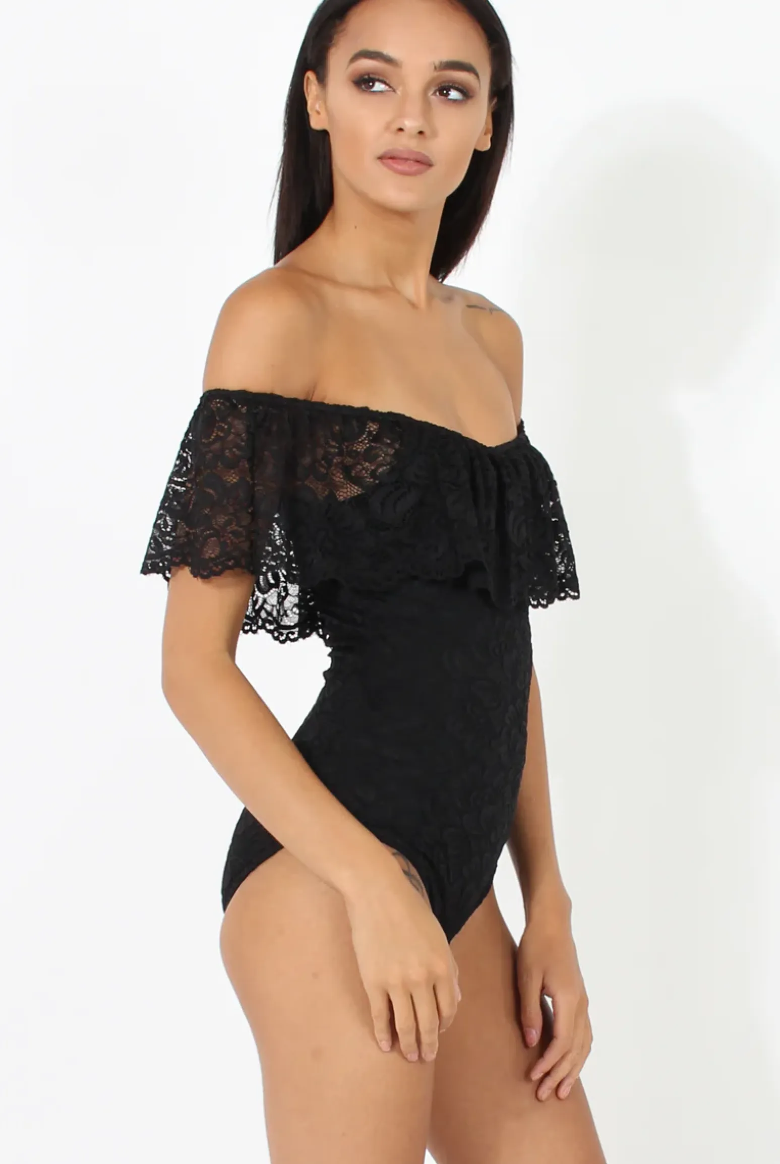 Rebellious Fashion Black Lace Frill Bardot Bodysuit - Tonika