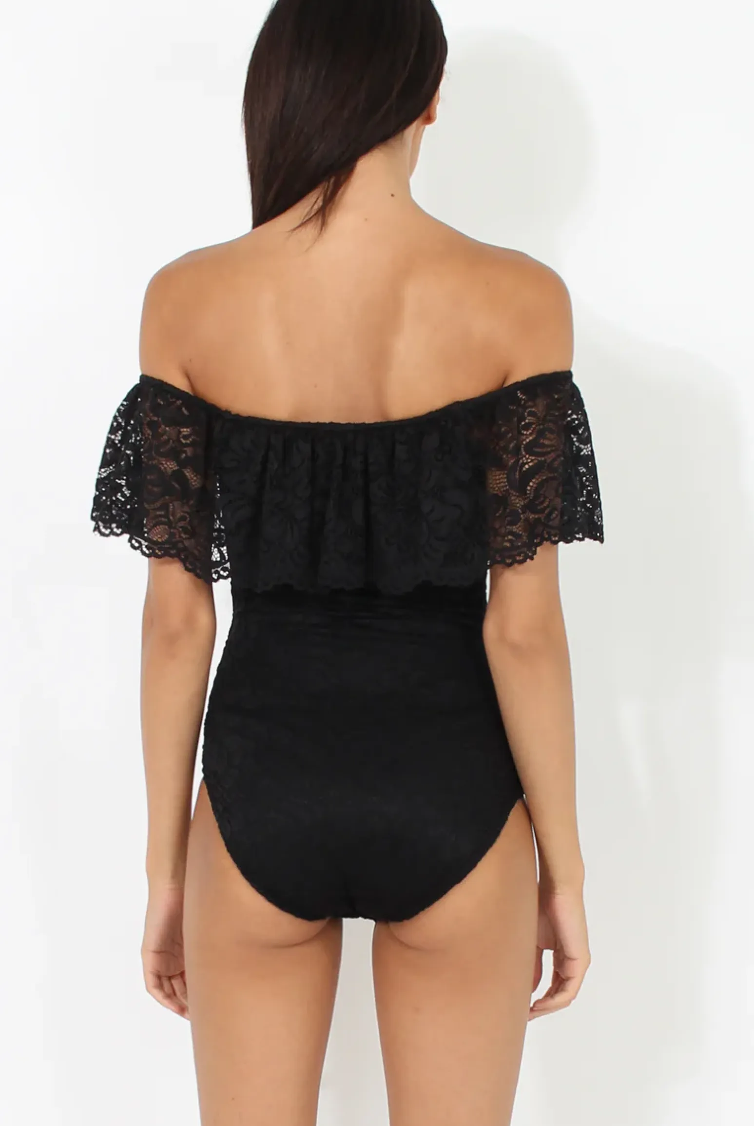 Rebellious Fashion Black Lace Frill Bardot Bodysuit - Tonika