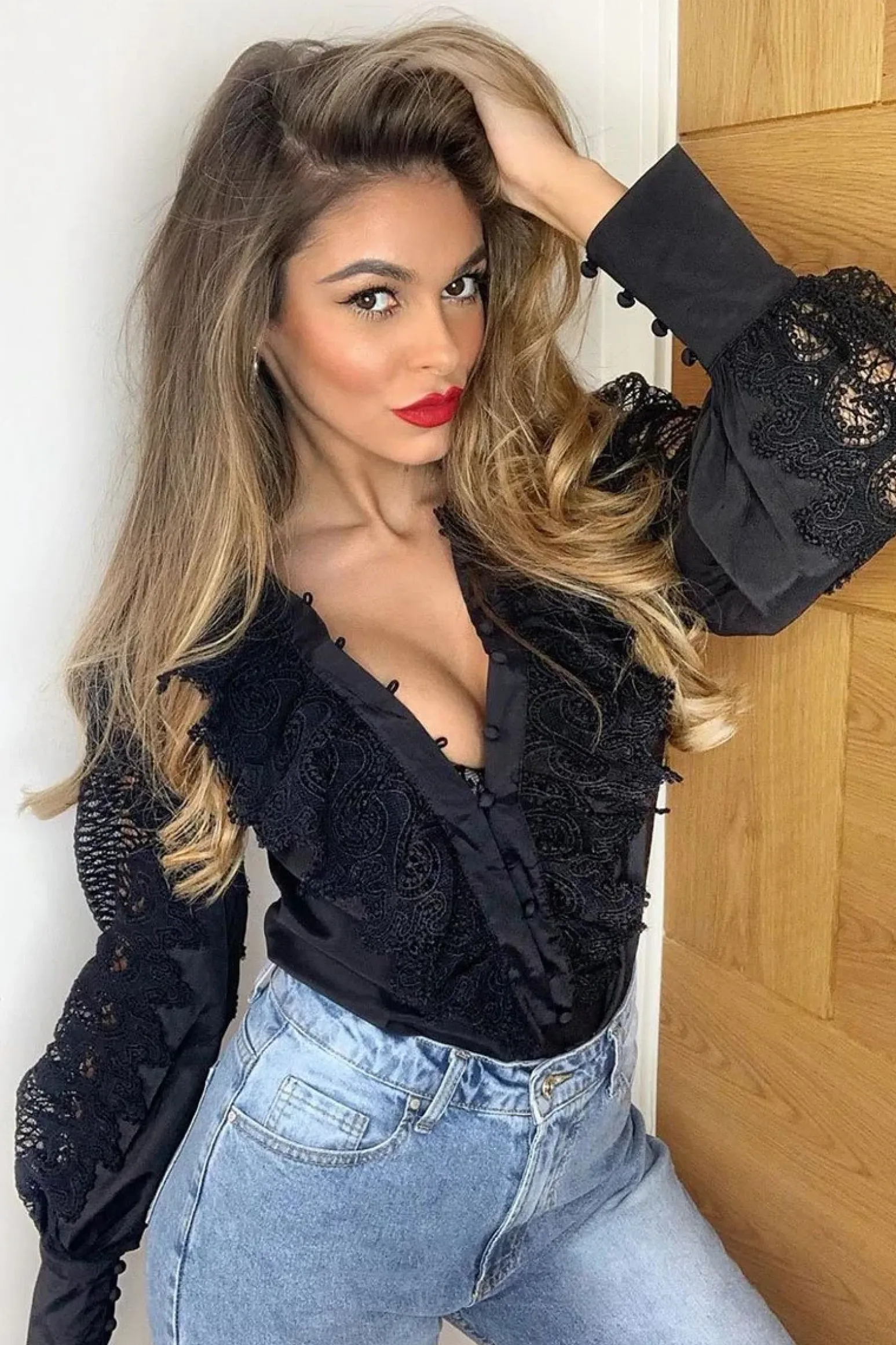 Rebellious Fashion Black Lace Frill Covered Button Up Shirt - Priscila