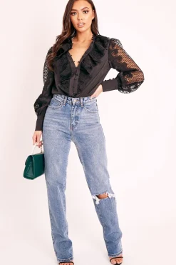 Rebellious Fashion Black Lace Frill Covered Button Up Shirt - Priscila