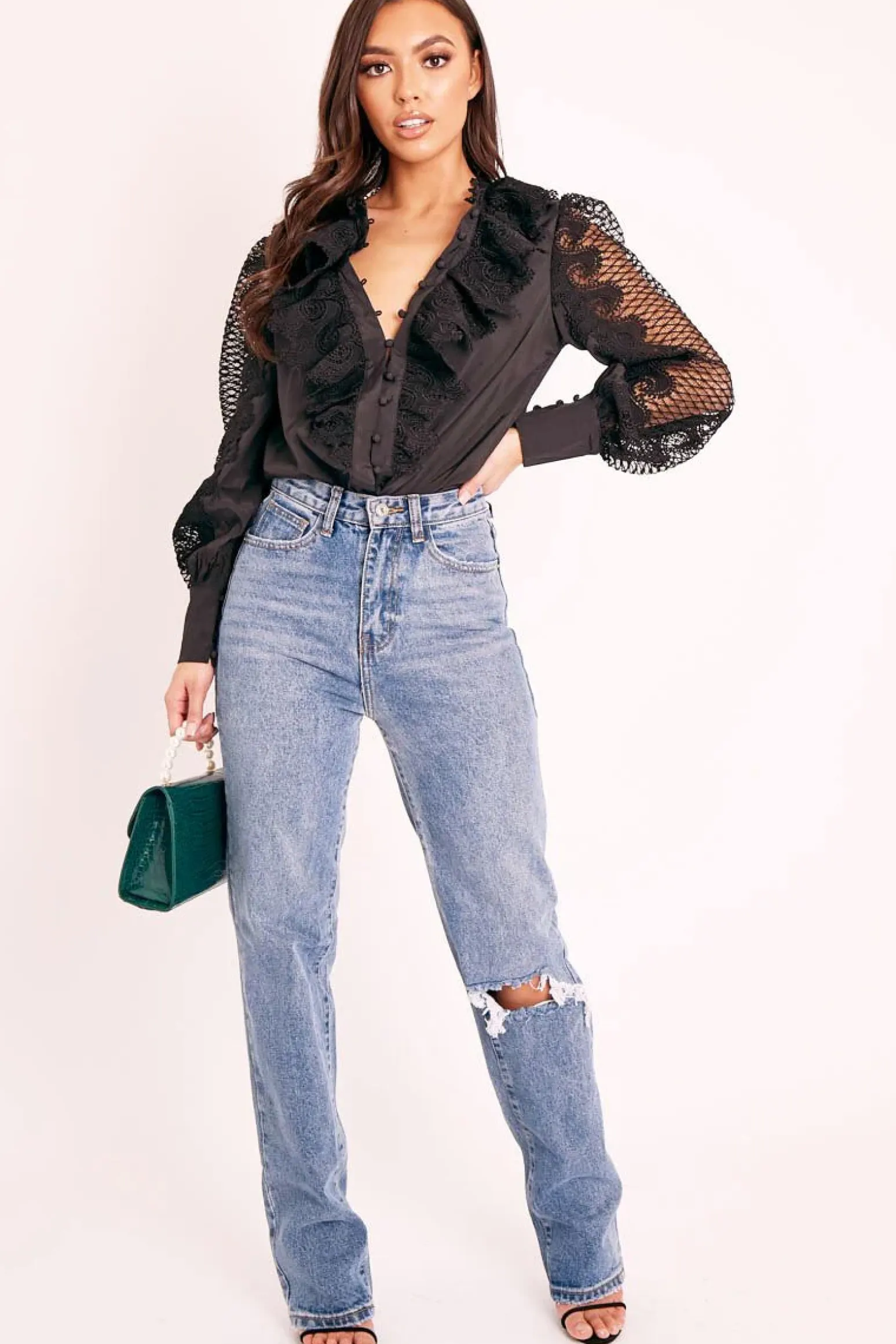 Rebellious Fashion Black Lace Frill Covered Button Up Shirt - Priscila
