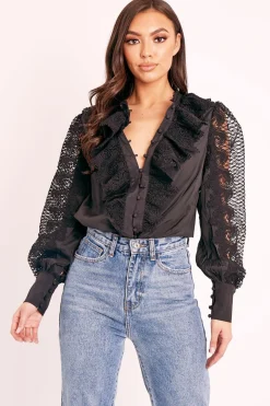 Rebellious Fashion Black Lace Frill Covered Button Up Shirt - Priscila