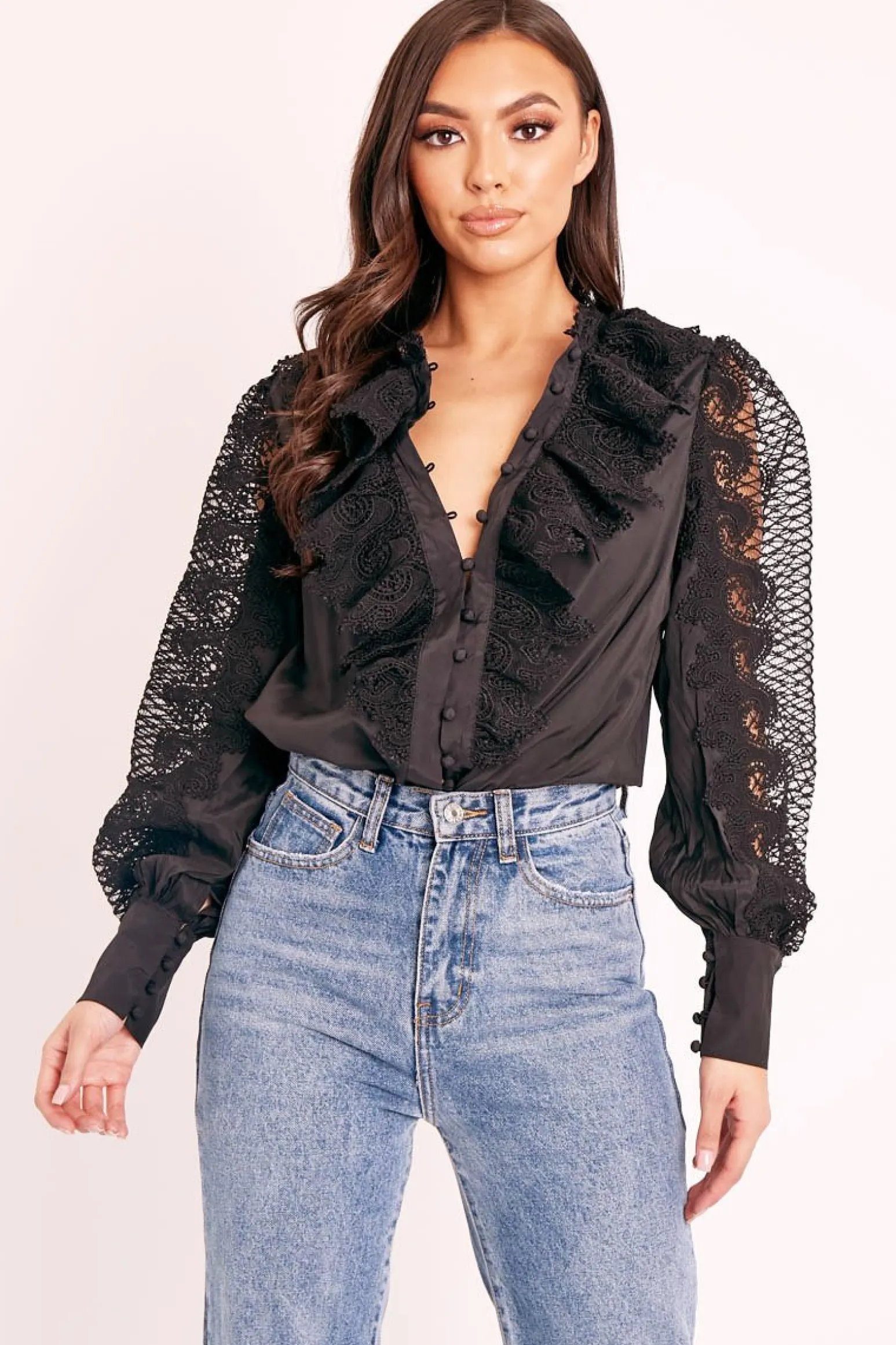 Rebellious Fashion Black Lace Frill Covered Button Up Shirt - Priscila